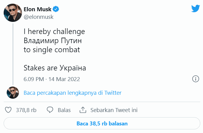 Elon Musk Tantang Putin Rusia, Jika Menang Ukraina Damai
